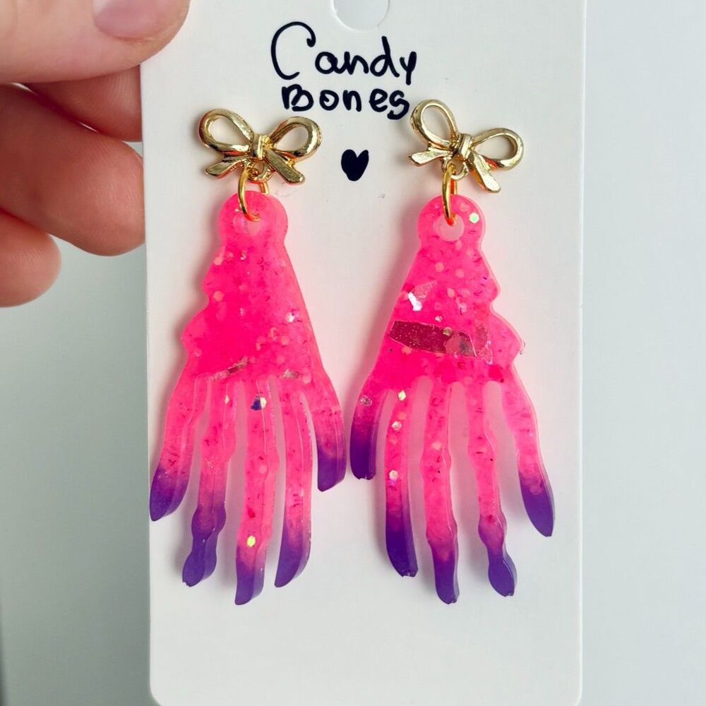 Glow in the Dark Skeleton Hand Earrings, Handmade Pink Spooky Halloween Jewelry